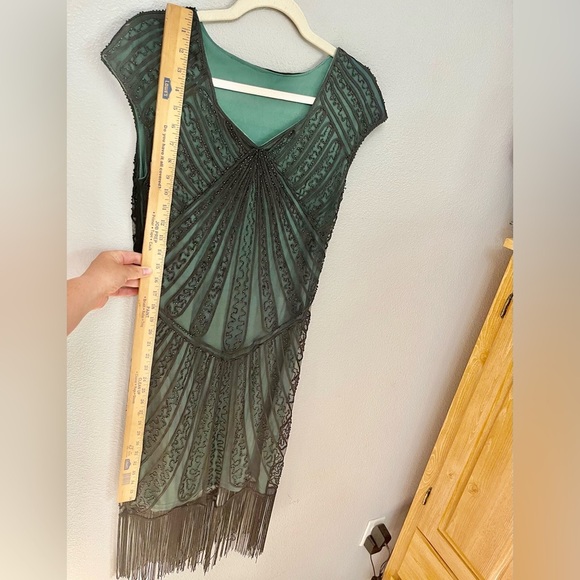 20’s Flapper Beaded Cocktail Green and Black Dress Fringe Cap Sleeve Size S - Picture 11 of 13
